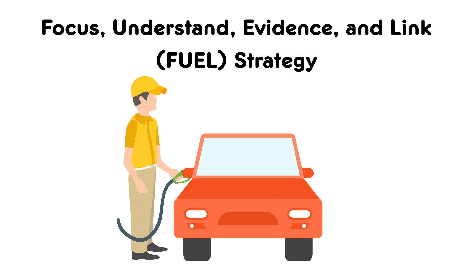 Focus, Understand, Evidence, and Link (FUEL) strategy man putting gas in car